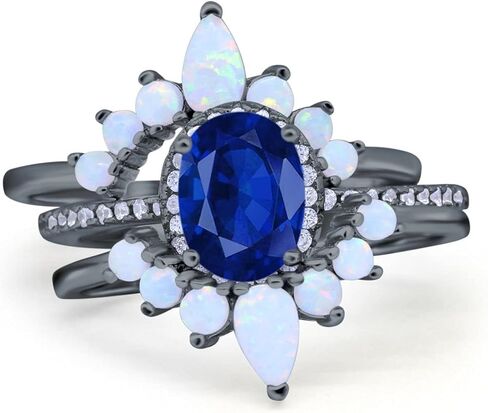 Blue Apple Co. Three Piece Set Oval Halo Lab White Opal Teardrop Art Deco Wedding Engagement Ring Vintage Band Simulated Cubic Zirconia Solid 925 Sterling Silver in Saudi Arabia