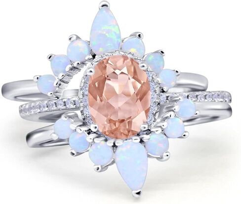 Blue Apple Co. Three Piece Set Oval Halo Lab White Opal Teardrop Art Deco Wedding Engagement Ring Vintage Band Simulated Cubic Zirconia Solid 925 Sterling Silver in Saudi Arabia