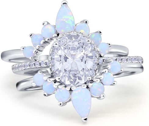 Blue Apple Co. Three Piece Set Oval Halo Lab White Opal Teardrop Art Deco Wedding Engagement Ring Vintage Band Simulated Cubic Zirconia Solid 925 Sterling Silver in Saudi Arabia