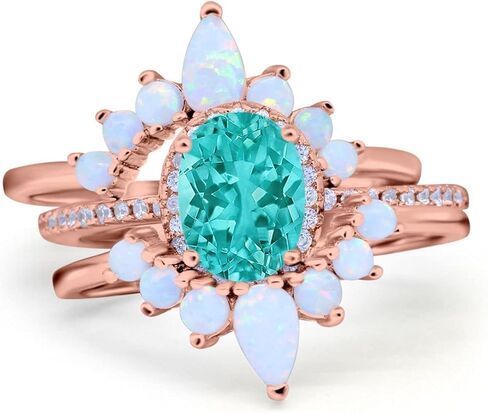 Blue Apple Co. Three Piece Set Oval Halo Lab White Opal Teardrop Art Deco Wedding Engagement Ring Vintage Band Simulated Cubic Zirconia Solid 925 Sterling Silver in Saudi Arabia