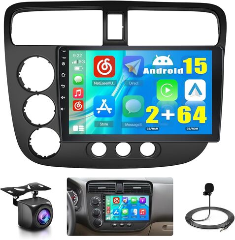 for Honda Civic 2001-2005 Android 13 Car StereoWireless Apple Carplay, 8 Core 4+64GB 9 Inch IPS Touchscreen Android Auto Car Radio with 59 Themes Customize APPs Support GPS Navigation in Kuwait