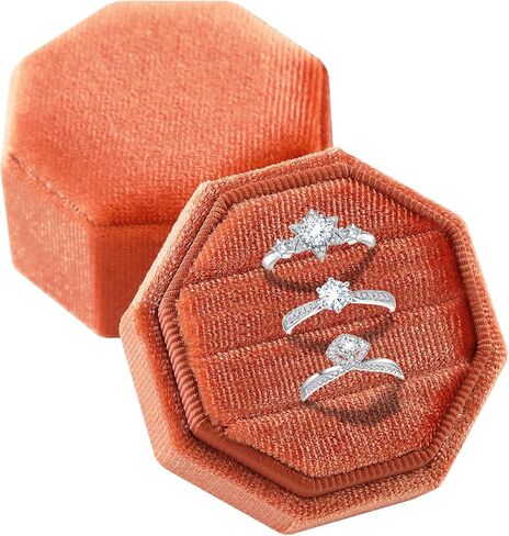 صندوق خاتم مخملي، 3 فتحات مثمنة مجوهرات خاتم هدية صندوق عرض حلقة عتيقة مع غطاء قابل للفصل لاقتراح حفل ​​الخطوبة والزفاف (أزرق فاتح) in Kuwait