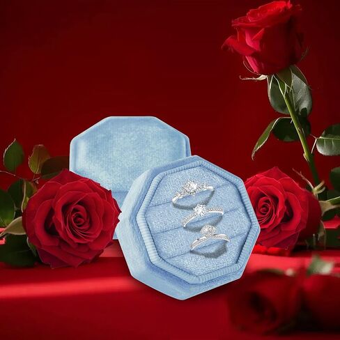 Velvet Ring Box, 3 Slots Octagonal Jewelry Ring Gift Box Vintage Ring Display Holder Case with Detachable Lid for Proposal Engagement Wedding Ceremony(Light-Blue) in Saudi Arabia
