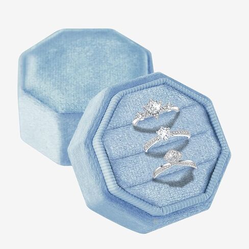 Velvet Ring Box, 3 Slots Octagonal Jewelry Ring Gift Box Vintage Ring Display Holder Case with Detachable Lid for Proposal Engagement Wedding Ceremony(Light-Blue) in Saudi Arabia