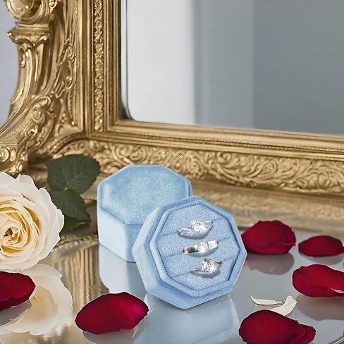 Velvet Ring Box, 3 Slots Octagonal Jewelry Ring Gift Box Vintage Ring Display Holder Case with Detachable Lid for Proposal Engagement Wedding Ceremony(Light-Blue) in Saudi Arabia
