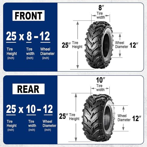 MaxAuto Set of 4 25x8-12 Front & 25x10-12 Rear ATV UTV Tires,25x8x12 25x10x12 Mud Trail Tires,6Ply,Tubeless in Kuwait