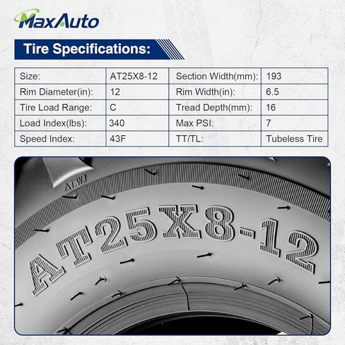 MaxAuto Set of 4 25x8-12 Front & 25x10-12 Rear ATV UTV Tires,25x8x12 25x10x12 Mud Trail Tires,6Ply,Tubeless in Kuwait