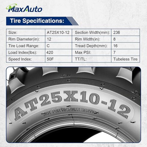 MaxAuto Set of 4 25x8-12 Front & 25x10-12 Rear ATV UTV Tires,25x8x12 25x10x12 Mud Trail Tires,6Ply,Tubeless in Kuwait