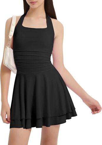 EXARUS Girls Square/Halter Neck Dress Padded Teen Party Ruffle Ruched Dance Flowy Mini Sleeveless Short Formal Dresses in Saudi Arabia