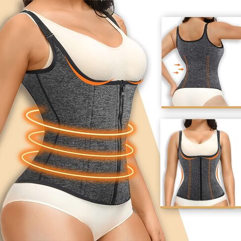 YADIFEN Waist Trainer Vest for Women,Zipper Corset Body Shaper for Tummy Control Neoprene Cincher Tank Top with Straps (Grey-Fixed shoulder straps, L) in Kuwait