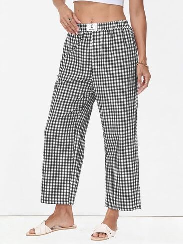 2026 المرأة مخطط القماش القطني بالازو اقتصاص السراويل صالة الملاكم بيجامة السراويل واسعة الساق PJ قيعان بنطلون مع جيوب in Kuwait