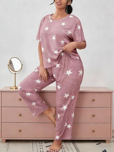 Plus Size Soft Pajama Lounge Sets, Women Long Sleeve Round Neck Sleepwear Nightwear Pjs with Pockets in Saudi Arabia