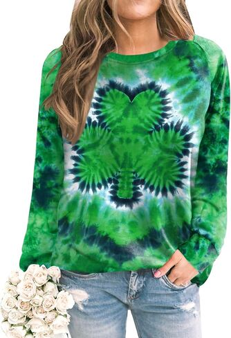 For G and PL Women's St. Patrick's Day Tie Dye Crew Neck Shamrock Shirt Lightweight Sweatshirt Clover Long Sleeve S in Saudi Arabia