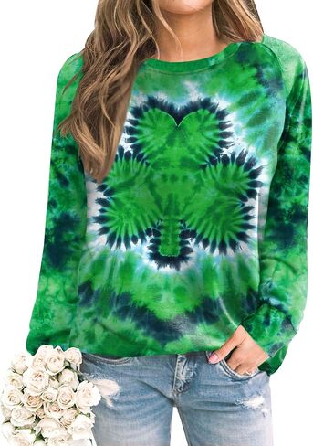 For G and PL Women's St. Patrick's Day Tie Dye Crew Neck Shamrock Shirt Lightweight Sweatshirt Clover Long Sleeve S in Saudi Arabia