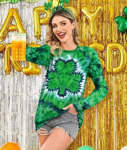 For G and PL Women's St. Patrick's Day Tie Dye Crew Neck Shamrock Shirt Lightweight Sweatshirt Clover Long Sleeve S in Saudi Arabia