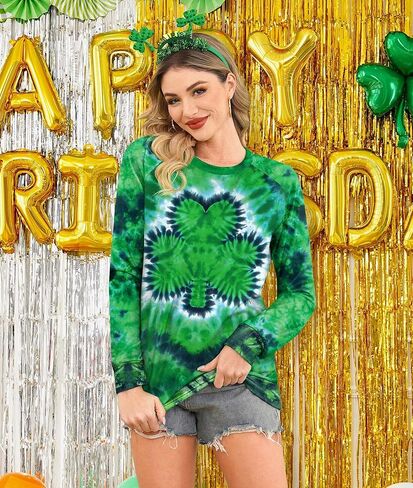 For G and PL Women's St. Patrick's Day Tie Dye Crew Neck Shamrock Shirt Lightweight Sweatshirt Clover Long Sleeve S in Saudi Arabia