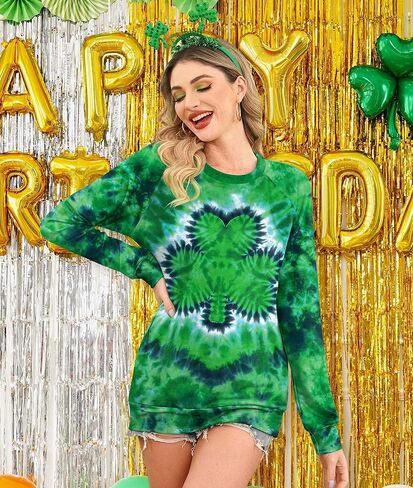 For G and PL Women's St. Patrick's Day Tie Dye Crew Neck Shamrock Shirt Lightweight Sweatshirt Clover Long Sleeve S in Saudi Arabia
