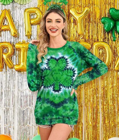 For G and PL Women's St. Patrick's Day Tie Dye Crew Neck Shamrock Shirt Lightweight Sweatshirt Clover Long Sleeve S in Saudi Arabia