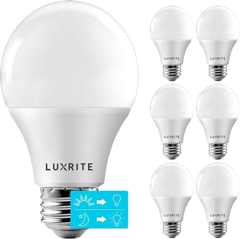 LUXRITE A19 LED Dusk to Dawn Light Bulbs Outdoor Lighting, 60 Watt Equivalent, Enclosed Fixture Rated, Automatic On Off Sensor, 5000K Bright White, 800 Lumens, Damp Rated, E26 Base (2 Pack) in Kuwait