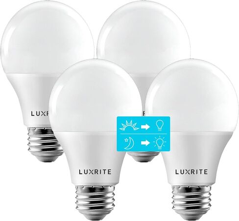 مصابيح LUXRITE A19 LED من الغسق إلى الفجر للإضاءة الخارجية، ما يعادل 60 وات، تصنيف تركيبات مغلقة، مستشعر تشغيل تلقائي، 5000K أبيض ساطع، 800 لومن، تقييم رطب، قاعدة E26 (عبوتان) in Kuwait