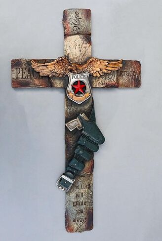 Ebros Gift Large Patriotic Men In Blue Police Officer Badge With Eagle And Gun In Holster Peace Hope Grace Wall Cross Plaque Decor Sculpture 20" H in Saudi Arabia