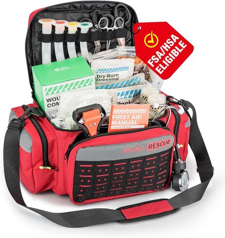 RHINO RESCUE First Responder First Aid Kit Fully-Stocked EMT Bag, FSA HSA Eligible, Professional EMT/EMS Trauma Medical Kit, Molle System, Reflective Bag w/5 Zippered Pockets, 300+ First Aid Supplies in Kuwait