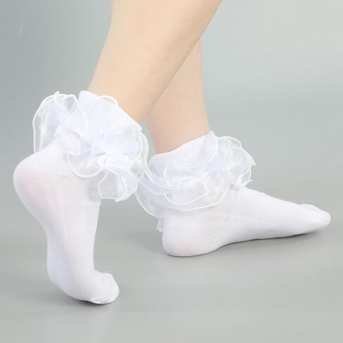 Bremorou 3 Pairs Women's Big Ruffle Socks Double Lace Frilly Dress Socks with Bow Women Ankle Sock Cute Crew Turn Cuff 80s Fancy Bobby Bride Sock White Black Red in Saudi Arabia