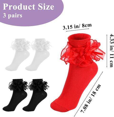 Bremorou 3 Pairs Women's Big Ruffle Socks Double Lace Frilly Dress Socks with Bow Women Ankle Sock Cute Crew Turn Cuff 80s Fancy Bobby Bride Sock White Black Red in Saudi Arabia