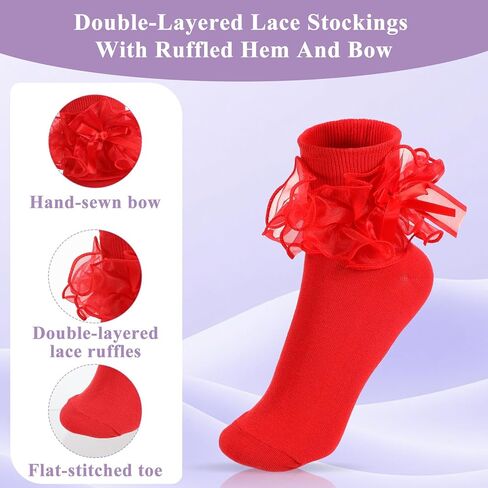 Bremorou 3 Pairs Women's Big Ruffle Socks Double Lace Frilly Dress Socks with Bow Women Ankle Sock Cute Crew Turn Cuff 80s Fancy Bobby Bride Sock White Black Red in Saudi Arabia