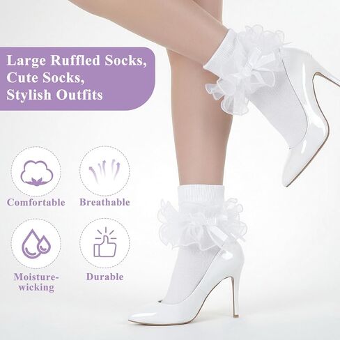 Bremorou 3 Pairs Women's Big Ruffle Socks Double Lace Frilly Dress Socks with Bow Women Ankle Sock Cute Crew Turn Cuff 80s Fancy Bobby Bride Sock White Black Red in Saudi Arabia