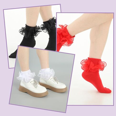 Bremorou 3 Pairs Women's Big Ruffle Socks Double Lace Frilly Dress Socks with Bow Women Ankle Sock Cute Crew Turn Cuff 80s Fancy Bobby Bride Sock White Black Red in Saudi Arabia