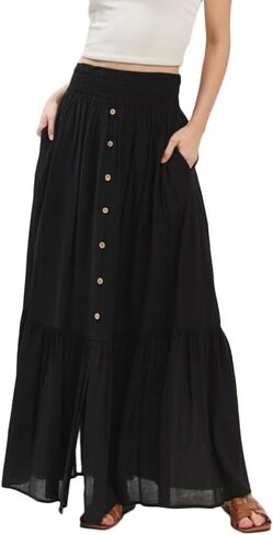 Women Summer Casual Smocked Long Flowy Maxi Skirt Boho Button Accent High Waist Tiered Split Skirt with Pockets in Saudi Arabia