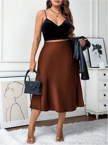 تنورة Floerns النسائية ذات الحجم الكبير أنيقة على شكل حرف A متوسطة الطول بخصر عالٍ من الساتان للمناسبات الليلية والسهرات الرسمية in Kuwait