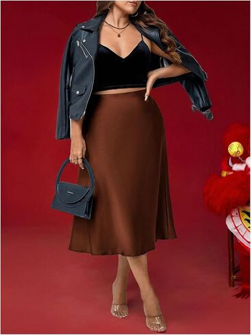 تنورة Floerns النسائية ذات الحجم الكبير أنيقة على شكل حرف A متوسطة الطول بخصر عالٍ من الساتان للمناسبات الليلية والسهرات الرسمية in Kuwait