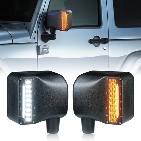 مرآة جانبية LED بعدسات دخانية من Xprite مع أضواء موضعية بيضاء وأضواء إشارة الانعطاف الكهرمانية متوافقة مع سيارة جيب رانجلر JK JKU 2007-2018 in Saudi Arabia