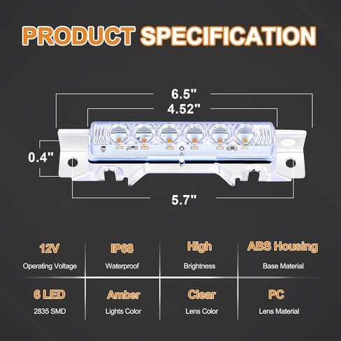 5-Pack 6LED Amber Cab Marker Roof Lights Clear Lens Waterproof for Volvo VNL 2003-2020 Trucks in Kuwait