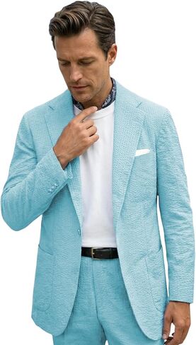 Mens Blue Seersucker Summer Suits 2 Piece Grooms Sear Sucker Suit for Wedding Mens Formal Tuxedo Suits Slim Fit in Kuwait