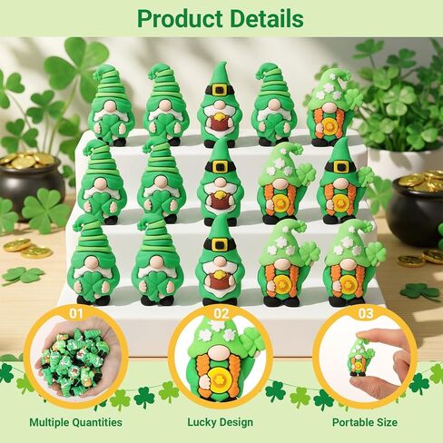 Kathfly 30 Pcs St. Patrick's Day Tiny Gnomes Figurines Shamrock Mini Gnomes Figures to Hide and Seek Four Leaf Clover Miniature Statues St. Patrick's Day Gift Party Favors Goodies Bag Accessories in Saudi Arabia