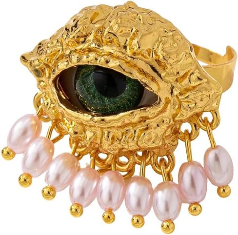 MYANAIL Devil's Eye Ring for Woman 18K Gold-Plated or Silver Pearl Tassel Ring 3D Evil Eye Charm Finger Rings Large Chunky Adjustable Open Rings Charming Personalized Jewelry Accessory Gifts in Saudi Arabia