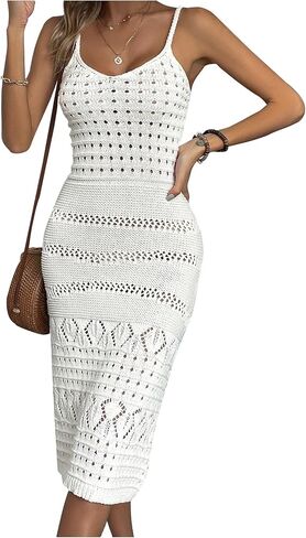 GORGLITTER Women's Boho Crochet Dresses Summer Vacation Knit Hollow Out Sleeveless Seashell Wedding Guest Dresses in Saudi Arabia