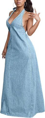 LETSVDO Women's Sexy Sleeveless Maxi Denim Dress Halter Deep V Neck Backless Flowy Going Out Long Jean Dresses in Kuwait