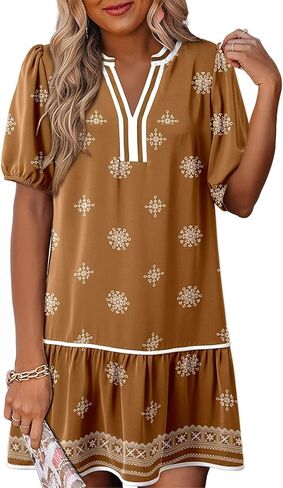 Dokotoo Women's Summer Dress Short Puff Sleeve V Neck Boho Floral Mini Casual Dresses with Pockets for Beach Vacation in Saudi Arabia