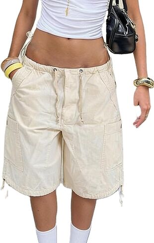 Women's Baggy Denim Cargo Shorts Knee Length Elastic Waist Drawstring Multi-Pocket Bermuda Shorts Y2K Streetwear in Saudi Arabia