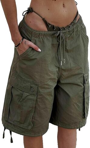 Women's Baggy Denim Cargo Shorts Knee Length Elastic Waist Drawstring Multi-Pocket Bermuda Shorts Y2K Streetwear in Saudi Arabia