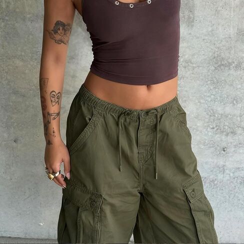 Women's Baggy Denim Cargo Shorts Knee Length Elastic Waist Drawstring Multi-Pocket Bermuda Shorts Y2K Streetwear in Saudi Arabia