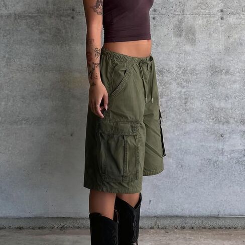 Women's Baggy Denim Cargo Shorts Knee Length Elastic Waist Drawstring Multi-Pocket Bermuda Shorts Y2K Streetwear in Saudi Arabia