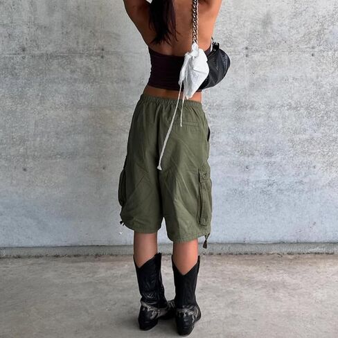 Women's Baggy Denim Cargo Shorts Knee Length Elastic Waist Drawstring Multi-Pocket Bermuda Shorts Y2K Streetwear in Saudi Arabia