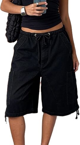 Women's Baggy Denim Cargo Shorts Knee Length Elastic Waist Drawstring Multi-Pocket Bermuda Shorts Y2K Streetwear in Saudi Arabia