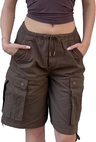 Women's Baggy Denim Cargo Shorts Knee Length Elastic Waist Drawstring Multi-Pocket Bermuda Shorts Y2K Streetwear in Saudi Arabia