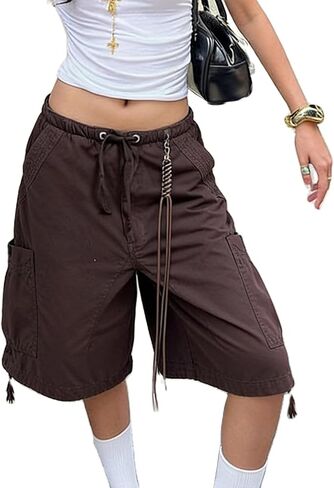 Women's Baggy Denim Cargo Shorts Knee Length Elastic Waist Drawstring Multi-Pocket Bermuda Shorts Y2K Streetwear in Saudi Arabia
